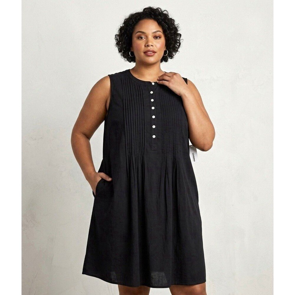 Sonoma Women's 5X Black Shift Dress Button Front Pleated Pockets